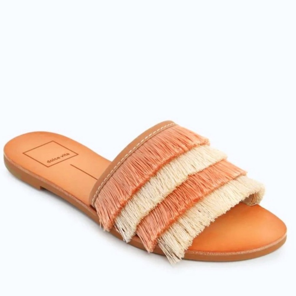 DOLCE VITA size 8.5 Celaya peach and cream slide fringe sandal